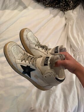 Golden Goose White Leather High-Top Sneakers with Black Star